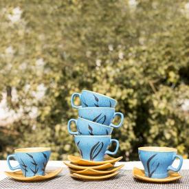 Shilpkara 'Leaf Sips' Studio Pottery Coffee Mugs Chai Sets Ceramic Tea Cups & Saucers Set (Blue, Pack of 12)