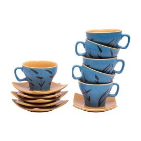 Shilpkara 'Leaf Sips' Studio Pottery Coffee Mugs Chai Sets Ceramic Tea Cups & Saucers Set (Blue, Pack of 12)