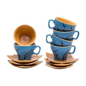 Shilpkara 'Leaf Sips' Studio Pottery Coffee Mugs Chai Sets Ceramic Tea Cups & Saucers Set (Blue, Pack of 12)
