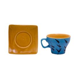 Shilpkara 'Leaf Sips' Studio Pottery Coffee Mugs Chai Sets Ceramic Tea Cups & Saucers Set (Blue, Pack of 12)