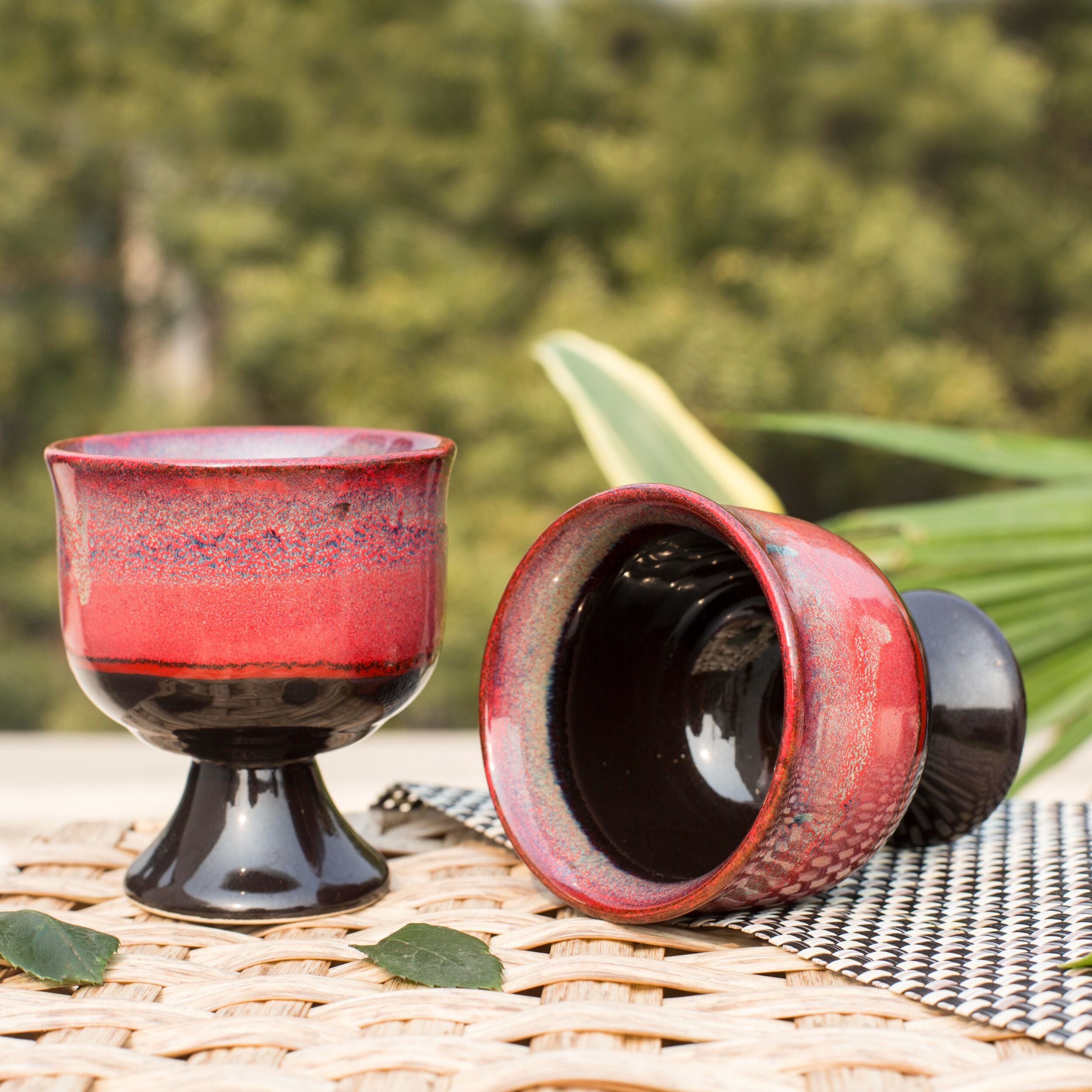 Shilpkara 'Crimson Scoop' Studio Pottery Glazed Ice Cream Cup Cum Ceramic Dessert Bowl (Red & Black, Pack of 2)