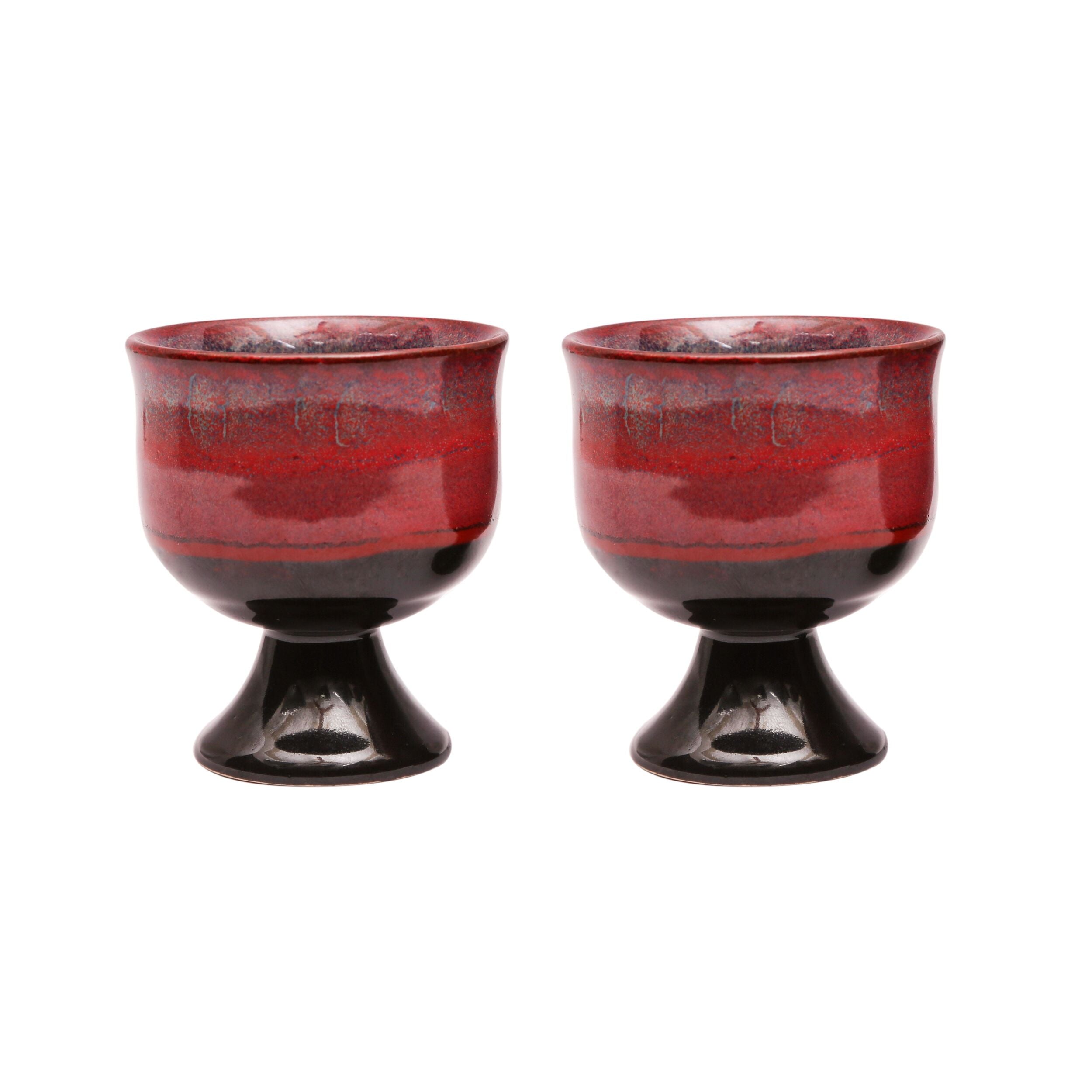 Shilpkara 'Crimson Scoop' Studio Pottery Glazed Ice Cream Cup Cum Ceramic Dessert Bowl (Red & Black, Pack of 2)