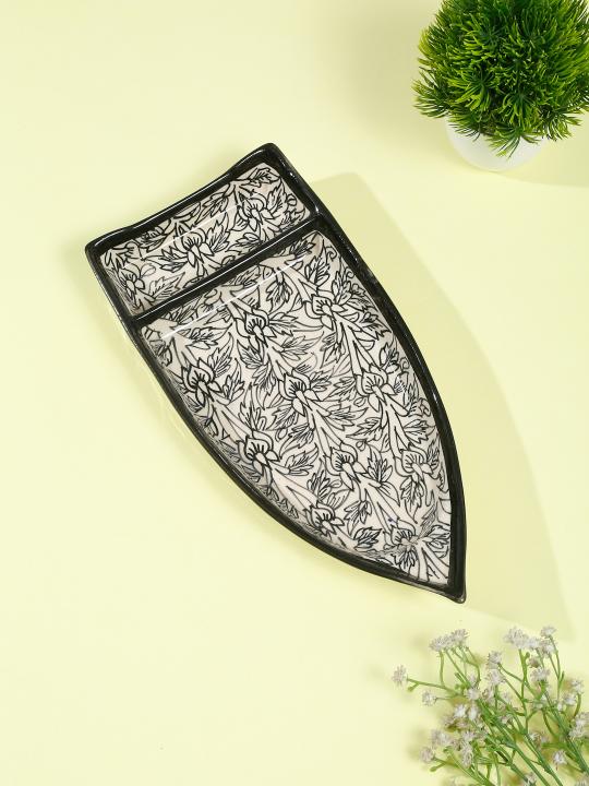 Shilpkara 'Kashti Plate' Boat Shaped Chip-N-Dip Snacks Serving Ceramic Platter for Dining Table (Set of 2, White & Black)