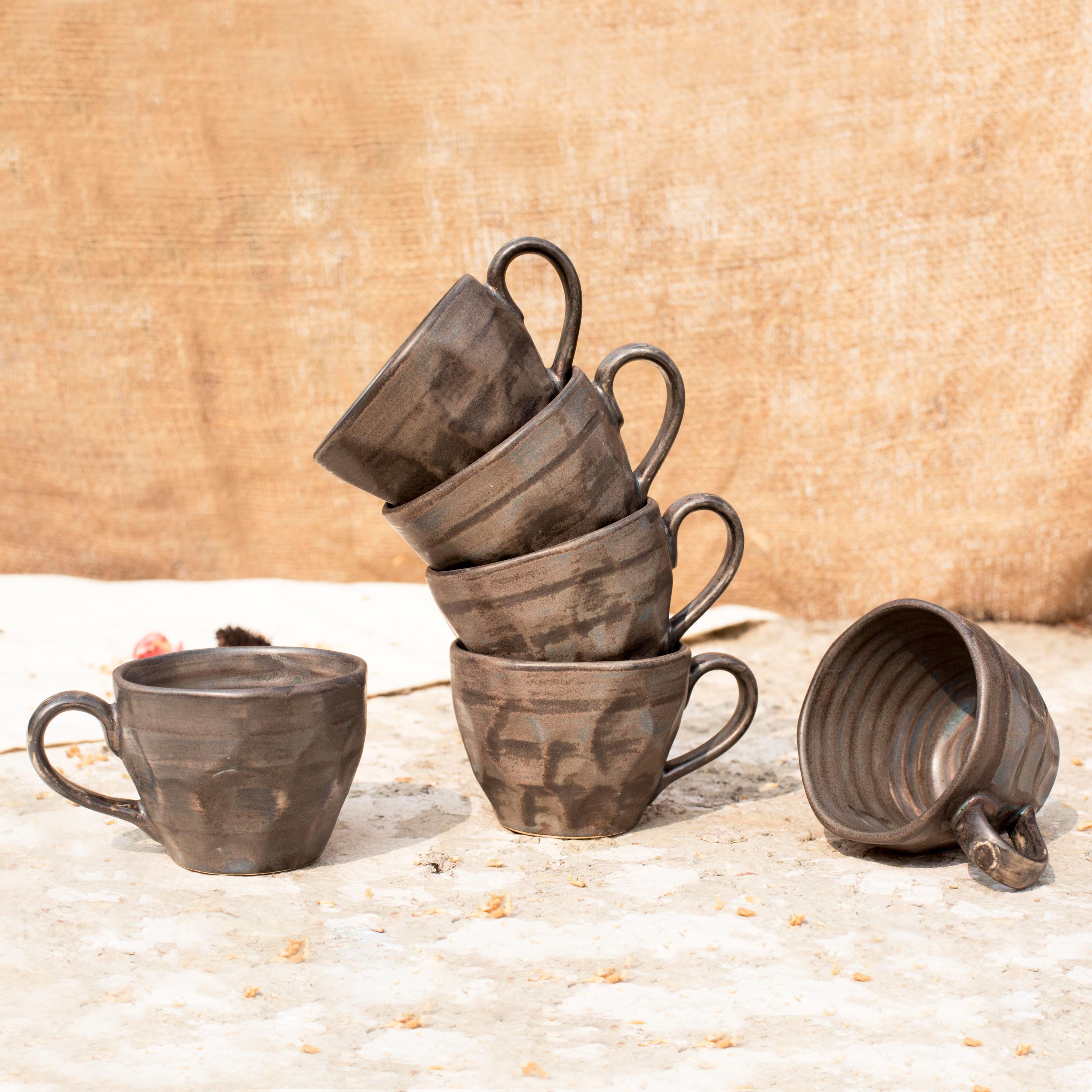 Shilpkara 'Smokey Rock' Studio Pottery Ceramic Coffee Mugs Cum Tea Cups (Grey Black, Set of 6)