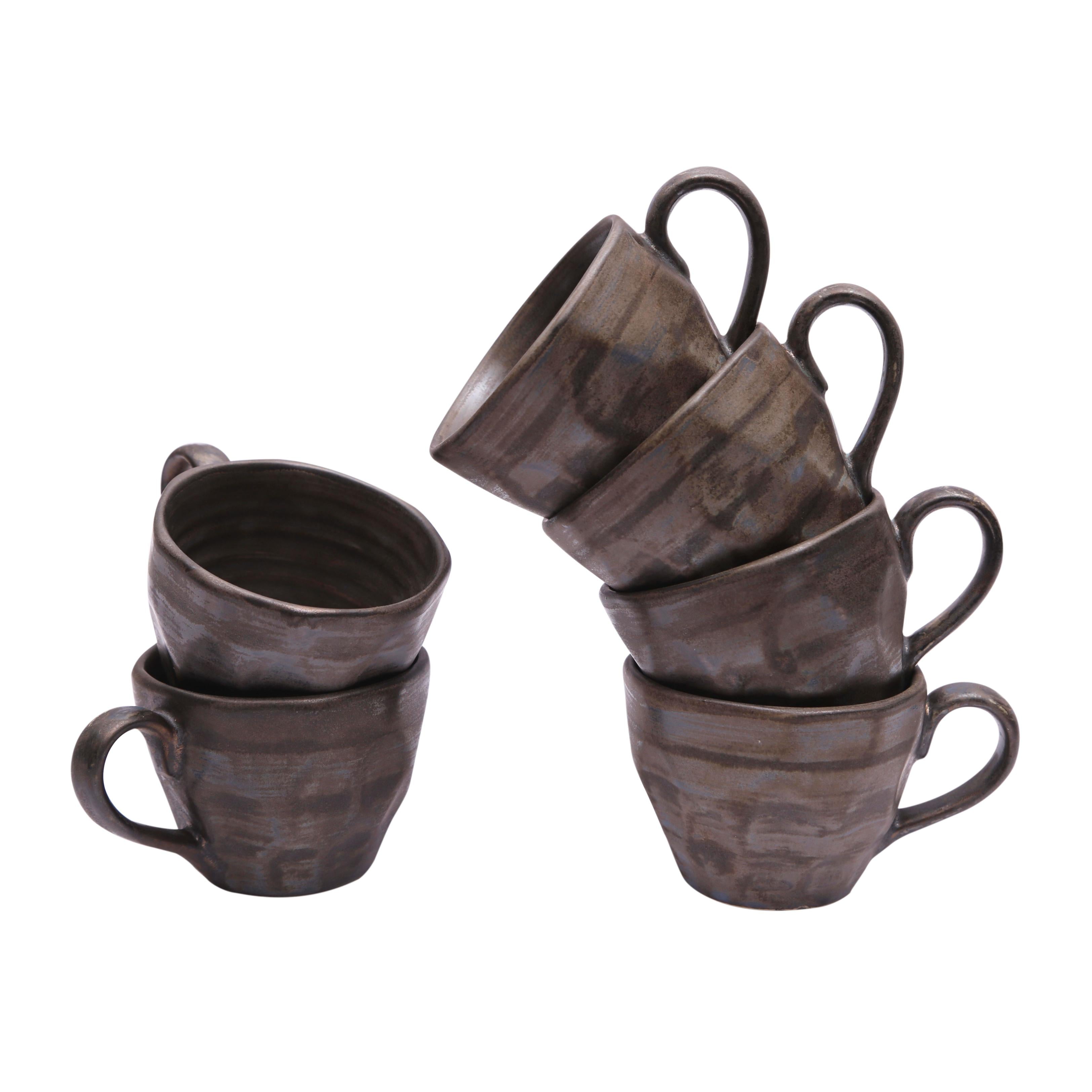 Shilpkara 'Smokey Rock' Studio Pottery Ceramic Coffee Mugs Cum Tea Cups (Grey Black, Set of 6)