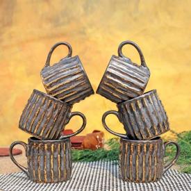 Shilpkara 'Sips in Line' Studio Pottery Ceramic Coffee Mugs Chai Glasses Tea Cups (Black Gold, Pack of 6)