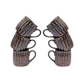 Shilpkara 'Sips in Line' Studio Pottery Ceramic Coffee Mugs Chai Glasses Tea Cups (Black Gold, Pack of 6)
