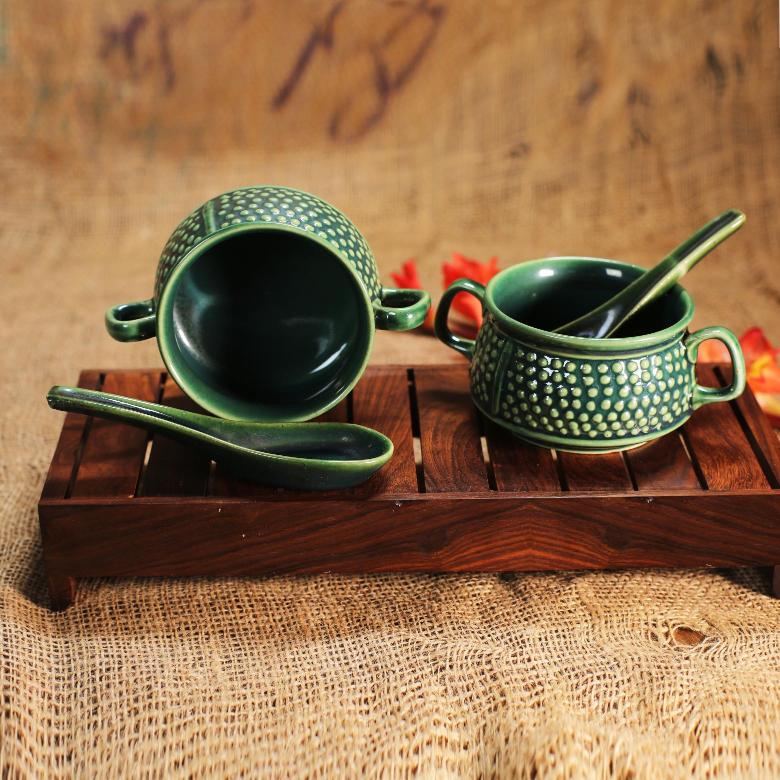 Shilpkara 'Hunter Green Specked' Glazed Studio Pottery Noodles Cup Cum Ceramic Soup Bowl (2 Soup Bowls, 2 Spoons, Green)