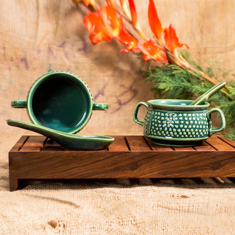 Shilpkara 'Hunter Green Specked' Glazed Studio Pottery Noodles Cup Cum Ceramic Soup Bowl (2 Soup Bowls, 2 Spoons, Green)