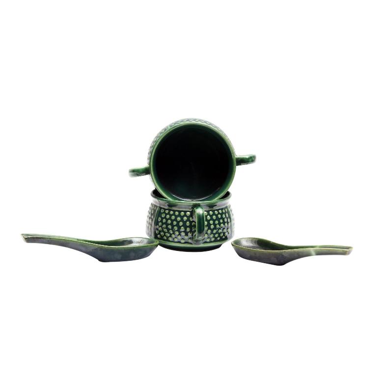 Shilpkara 'Hunter Green Specked' Glazed Studio Pottery Noodles Cup Cum Ceramic Soup Bowl (2 Soup Bowls, 2 Spoons, Green)