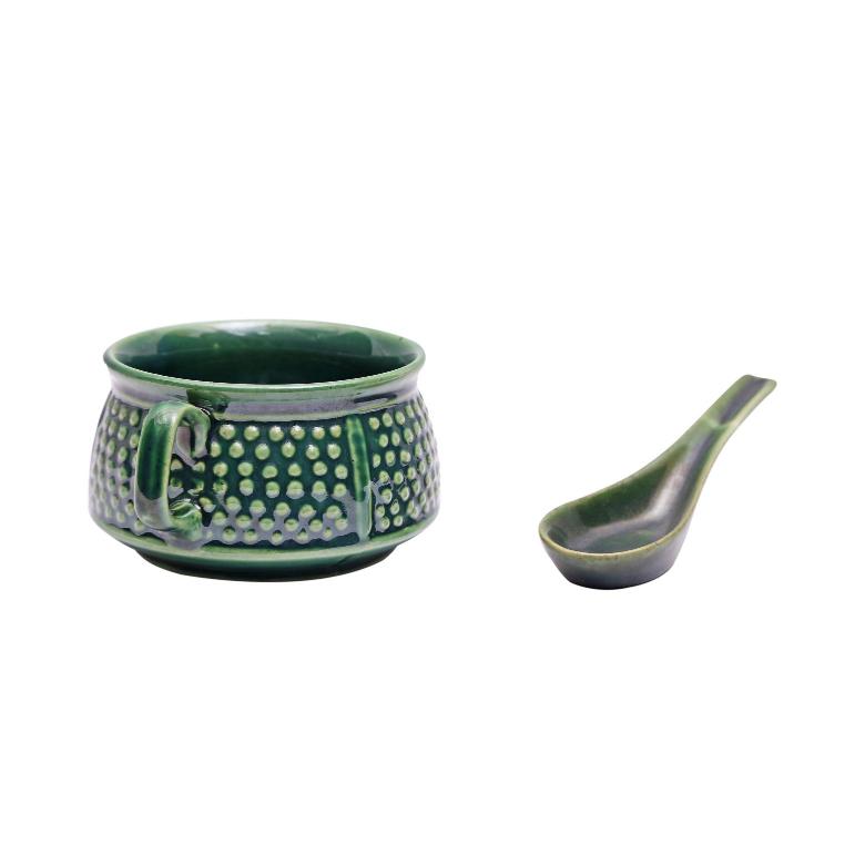 Shilpkara 'Hunter Green Specked' Glazed Studio Pottery Noodles Cup Cum Ceramic Soup Bowl (2 Soup Bowls, 2 Spoons, Green)