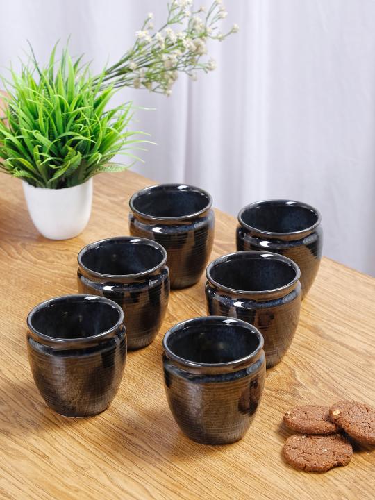 Shilpkara 'Ebony Dusk' Glazed Studio Pottery Ceramic Chai Cups Cum Tea Kullad (Set of 6, Black)