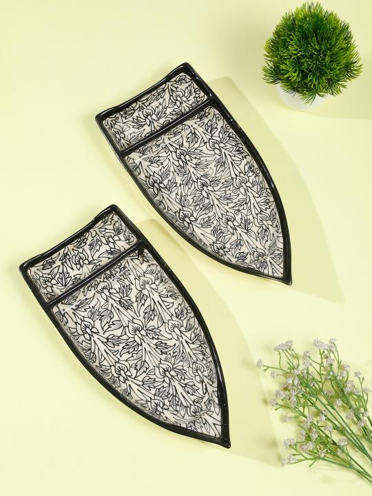 Shilpkara 'Kashti Plate' Boat Shaped Chip-N-Dip Snacks Serving Ceramic Platter for Dining Table (Set of 2, White & Black)