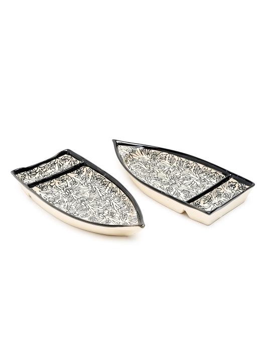 Shilpkara 'Kashti Plate' Boat Shaped Chip-N-Dip Snacks Serving Ceramic Platter for Dining Table (Set of 2, White & Black)