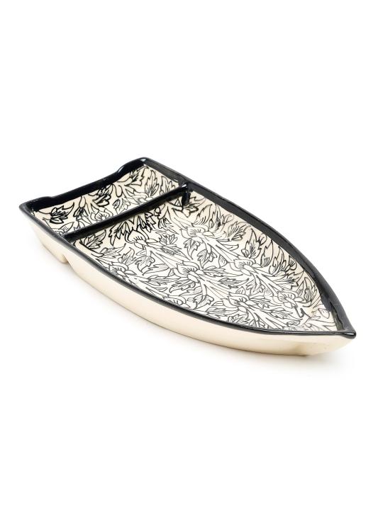Shilpkara 'Kashti Plate' Boat Shaped Chip-N-Dip Snacks Serving Ceramic Platter for Dining Table (Set of 2, White & Black)