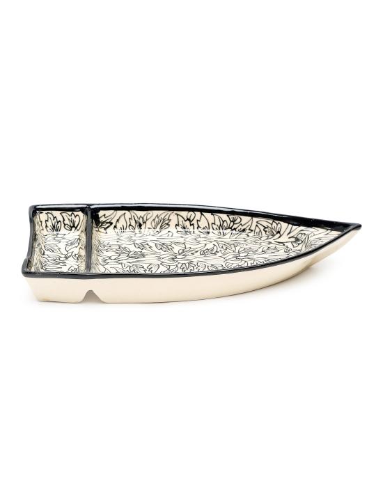 Shilpkara 'Kashti Plate' Boat Shaped Chip-N-Dip Snacks Serving Ceramic Platter for Dining Table (Set of 2, White & Black)