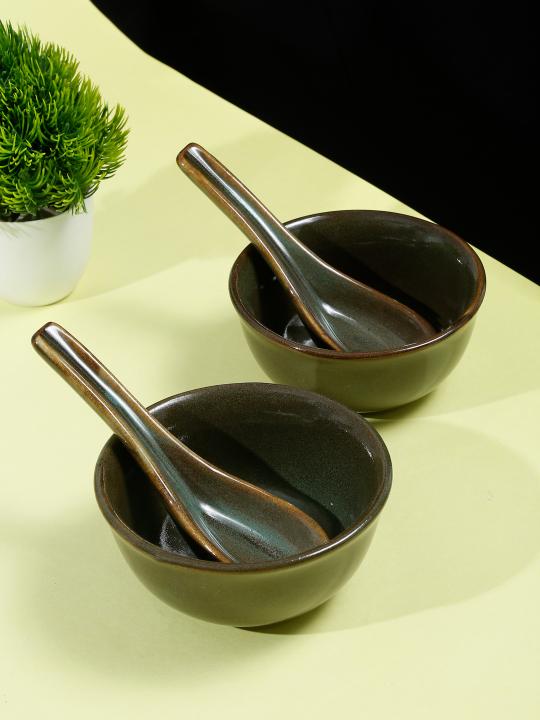 Shilpkara 'Dove Green' Glazed Studio Pottery Ceramic Noodle Cup Cum Soup Bowl (Set of 2)