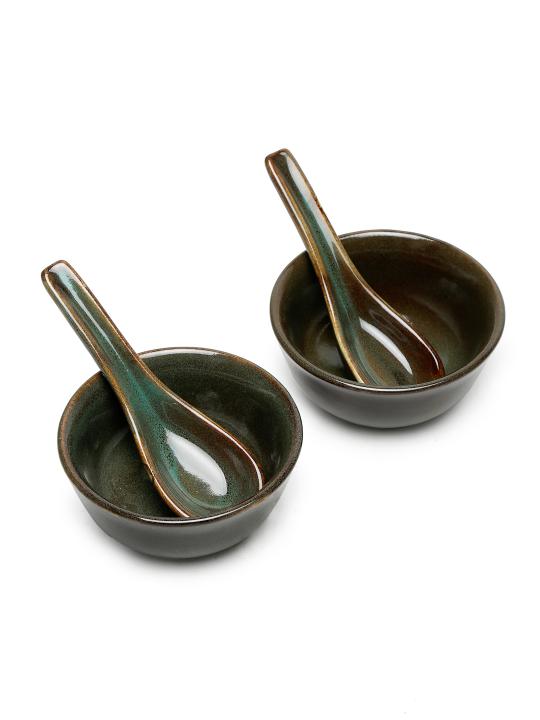 Shilpkara 'Dove Green' Glazed Studio Pottery Ceramic Noodle Cup Cum Soup Bowl (Set of 2)