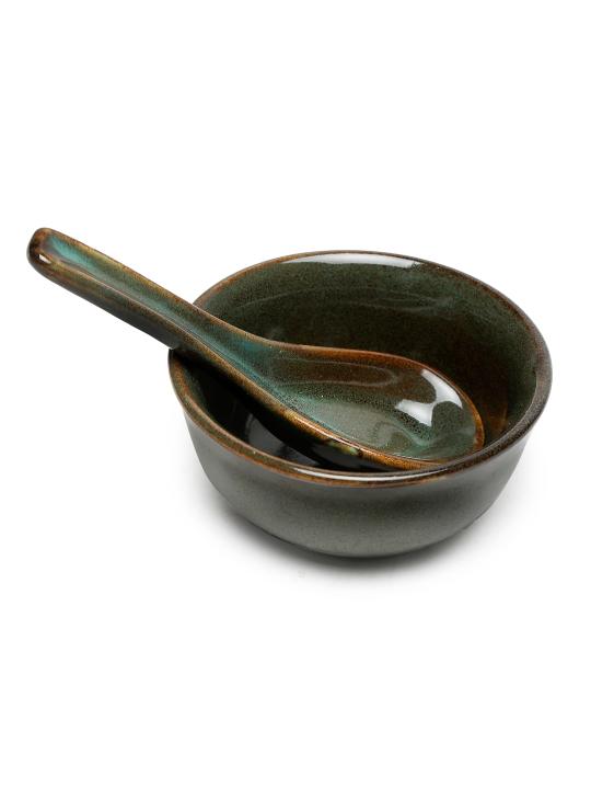 Shilpkara 'Dove Green' Glazed Studio Pottery Ceramic Noodle Cup Cum Soup Bowl (Set of 2)