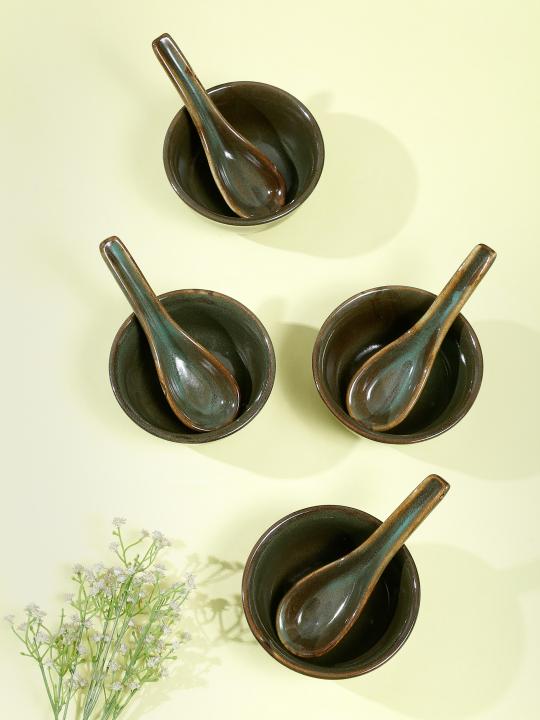 Shilpkara 'Dove Green' Glazed Studio Pottery Ceramic Noodle Cup Cum Soup Bowl (Set of 2)