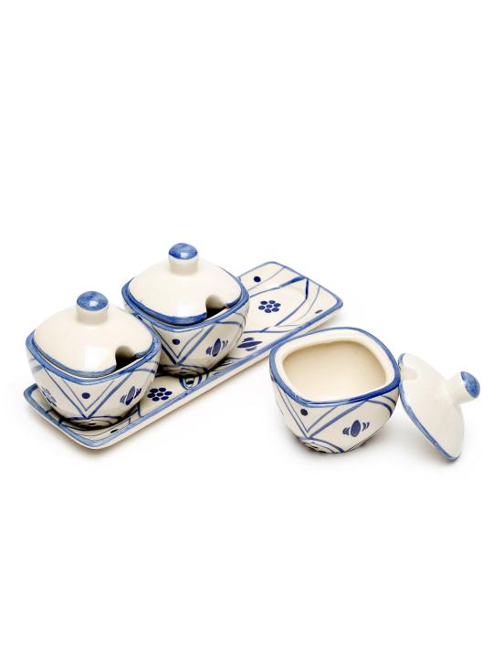 Shilpkara 'Moroccan Bloom' Handpainted Multi-Purpose Ceramic Pickle Jars for Dining Table with Lids & Tray Jars for Storage (Set of 3, 100 ml)