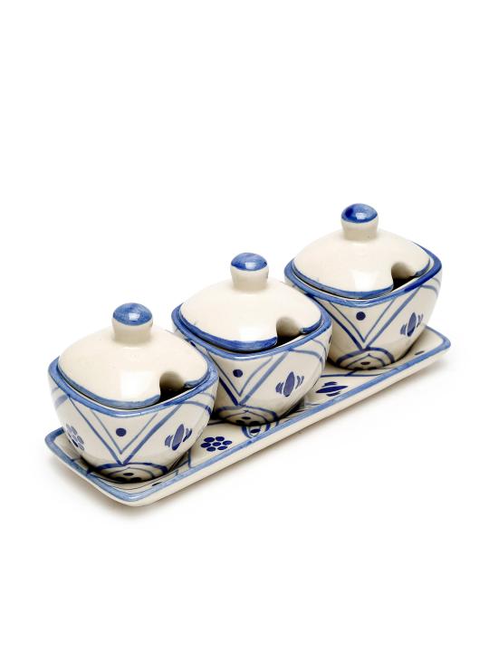 Shilpkara 'Moroccan Bloom' Handpainted Multi-Purpose Ceramic Pickle Jars for Dining Table with Lids & Tray Jars for Storage (Set of 3, 100 ml)