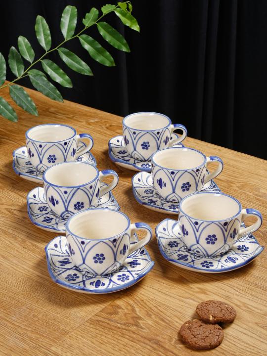 Shilpkara 'Moroccan Bloom' Handpainted Ceramic Coffee Mugs Tea Cup and Saucer Cup Plate Set for Tea Set (Set of 6, 140 ml)