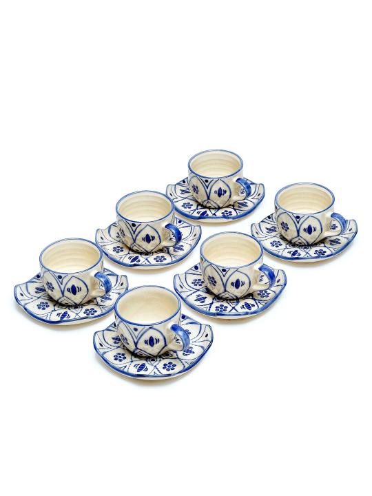 Shilpkara 'Moroccan Bloom' Handpainted Ceramic Coffee Mugs Tea Cup and Saucer Cup Plate Set for Tea Set (Set of 6, 140 ml)