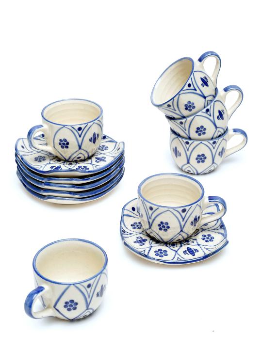 Shilpkara 'Moroccan Bloom' Handpainted Ceramic Coffee Mugs Tea Cup and Saucer Cup Plate Set for Tea Set (Set of 6, 140 ml)