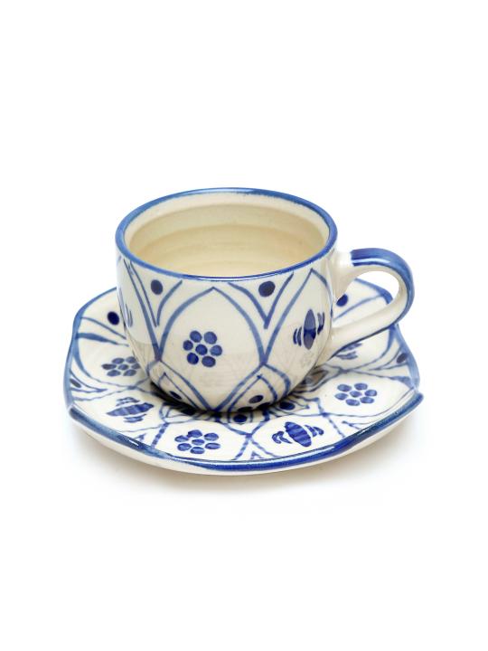 Shilpkara 'Moroccan Bloom' Handpainted Ceramic Coffee Mugs Tea Cup and Saucer Cup Plate Set for Tea Set (Set of 6, 140 ml)