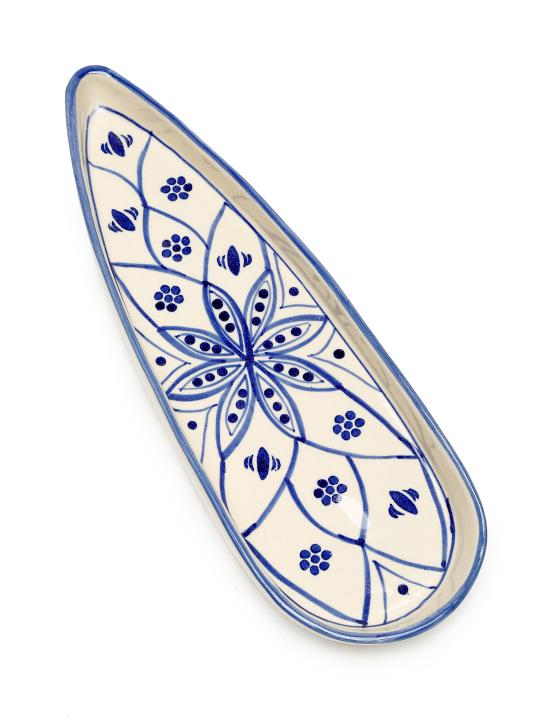 Shilpkara 'Moroccan Bloom' Apetizer Chip-N-Dip Snacks Serving Ceramic Platter for Dining Table (Set of 1, White & Blue)