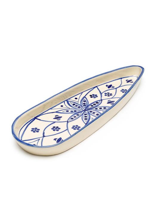 Shilpkara 'Moroccan Bloom' Apetizer Chip-N-Dip Snacks Serving Ceramic Platter for Dining Table (Set of 1, White & Blue)