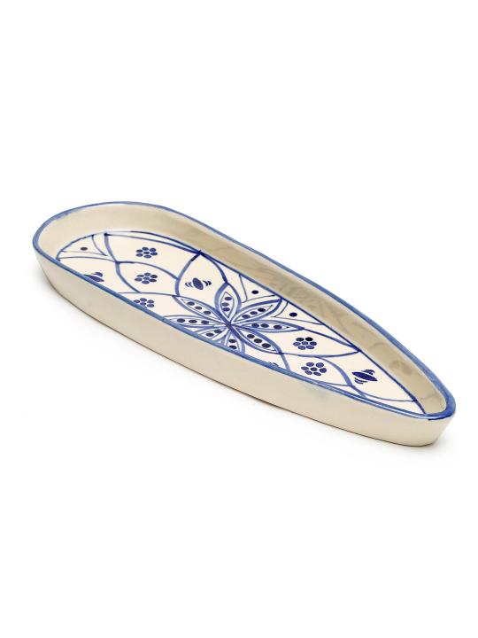 Shilpkara 'Moroccan Bloom' Apetizer Chip-N-Dip Snacks Serving Ceramic Platter for Dining Table (Set of 1, White & Blue)