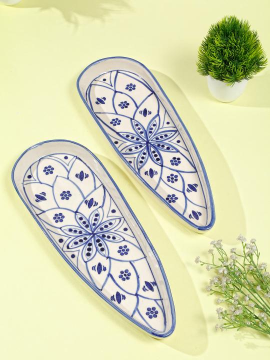 Shilpkara 'Moroccan Bloom' Apetizer Chip-N-Dip Snacks Serving Ceramic Platter for Dining Table (Set of 1, White & Blue)