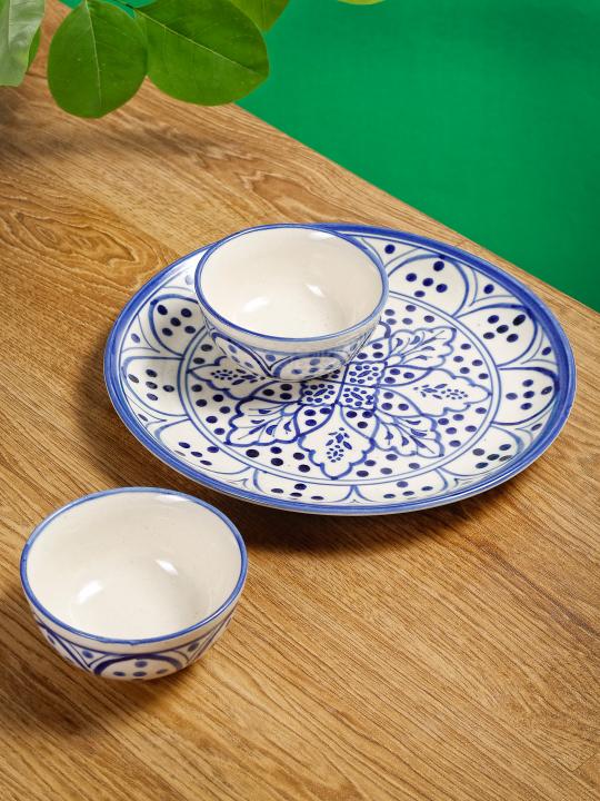 Shilpkara Moroccan Bloom Hand Painted Studio Pottery Ceramic Plates for Dinner Plates with Katoris (3 Pieces, Serving for 1,Black)-Dinner Serving Set
