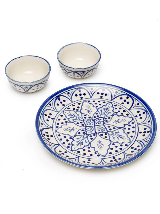 Shilpkara Moroccan Bloom Hand Painted Studio Pottery Ceramic Plates for Dinner Plates with Katoris (3 Pieces, Serving for 1,Black)-Dinner Serving Set