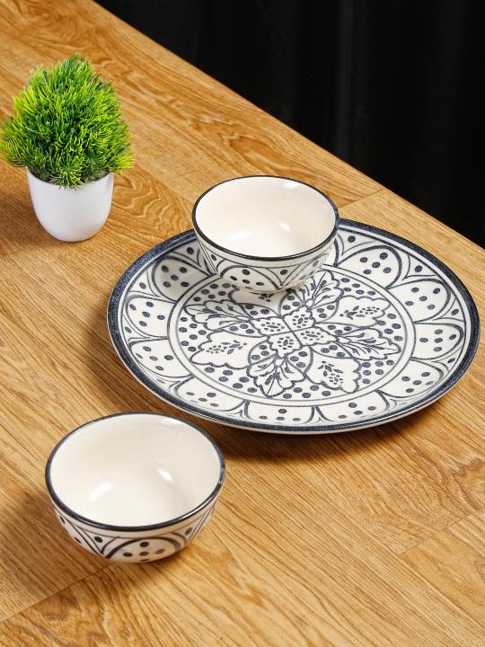 Shilpkara Moroccan Bloom Hand Painted Studio Pottery Ceramic Plates for Dinner Plates with Katoris (3 Pieces, Serving for 1,Black)-Dinner Serving Set