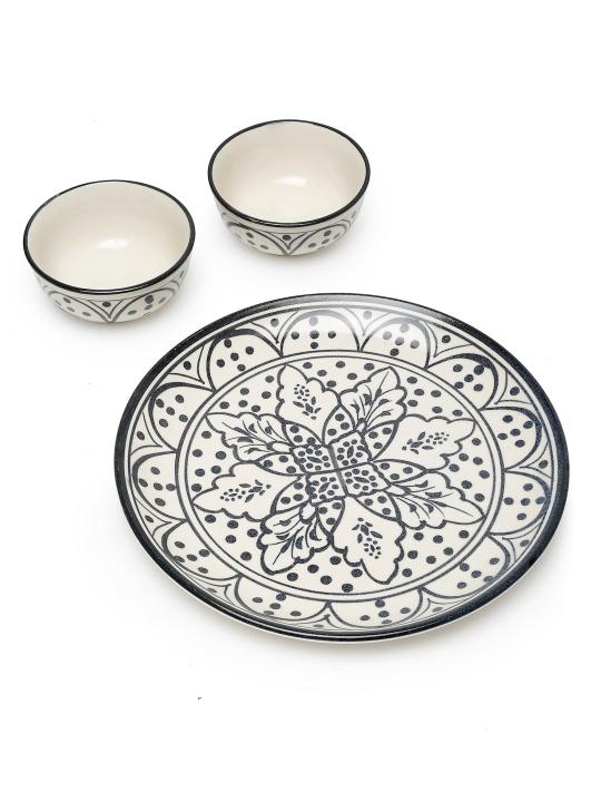 Shilpkara Moroccan Bloom Hand Painted Studio Pottery Ceramic Plates for Dinner Plates with Katoris (3 Pieces, Serving for 1,Black)-Dinner Serving Set