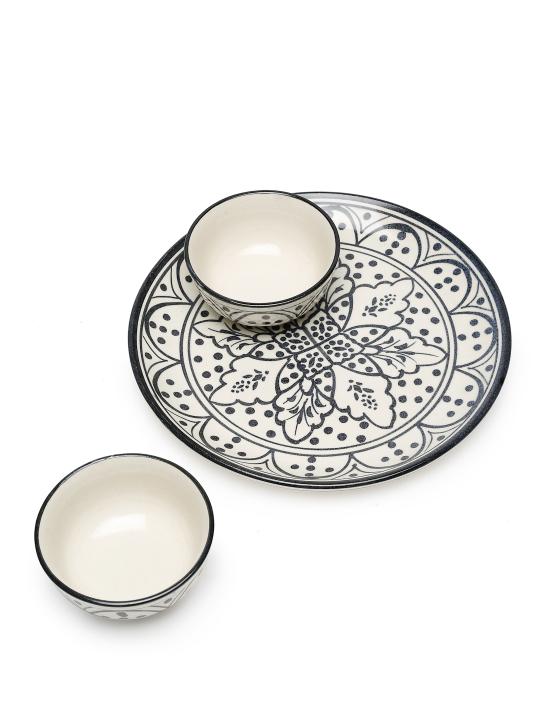 Shilpkara Moroccan Bloom Hand Painted Studio Pottery Ceramic Plates for Dinner Plates with Katoris (3 Pieces, Serving for 1,Black)-Dinner Serving Set