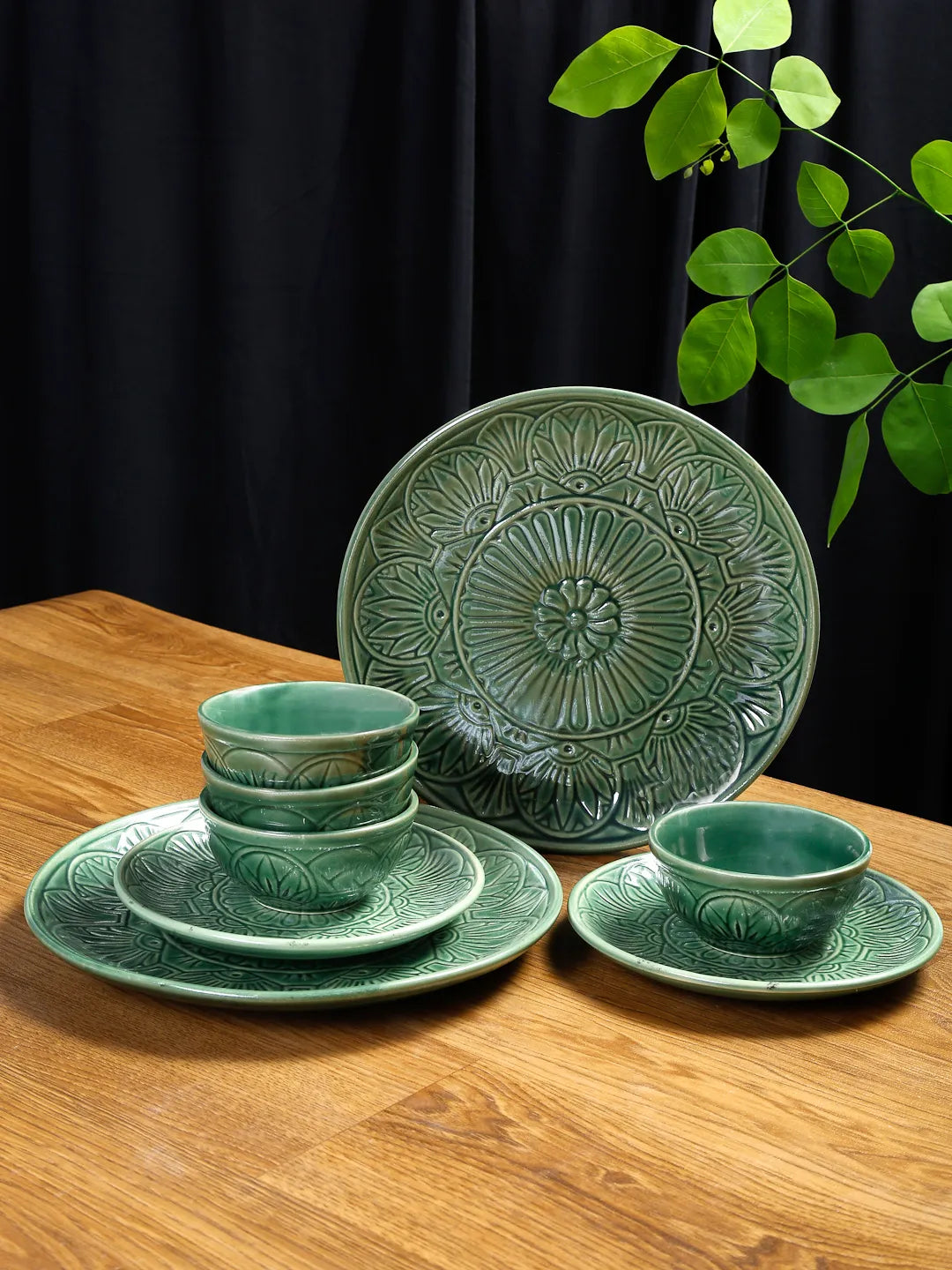 Shilpkara Embossed Emerald' Hand Painted Studio Pottery Ceramic Plates  for Dinner Plates with Katoris (8 Pieces, Serving for 2, Green)