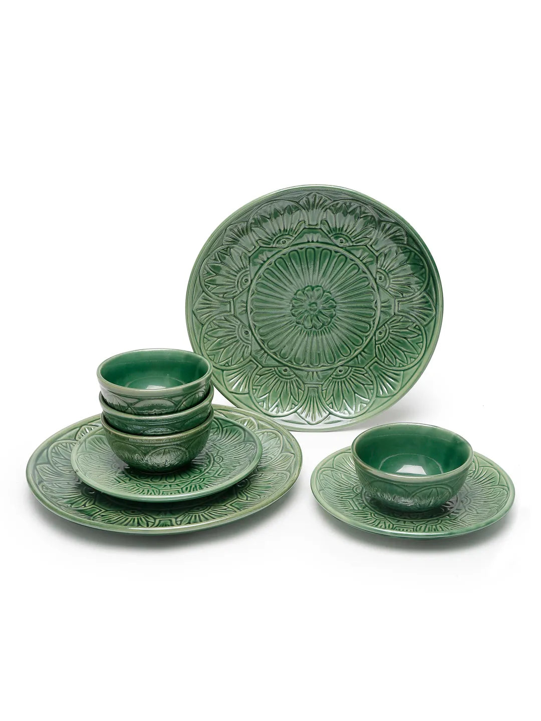 Shilpkara Embossed Emerald' Hand Painted Studio Pottery Ceramic Plates  for Dinner Plates with Katoris (8 Pieces, Serving for 2, Green)