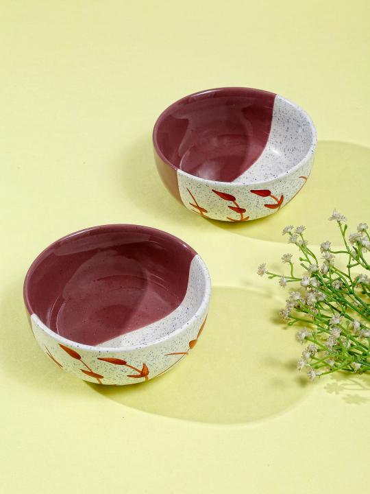 Shilpkara 'Dual Shaded Leaf' Microwave Safe Kitchen Snacks Cereal Ceramic Katori Breakfast Serving Bowls (300 ml, Set of 4)
