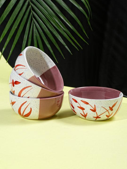 Shilpkara 'Dual Shaded Leaf' Microwave Safe Kitchen Snacks Cereal Ceramic Katori Breakfast Serving Bowls (300 ml, Set of 4)