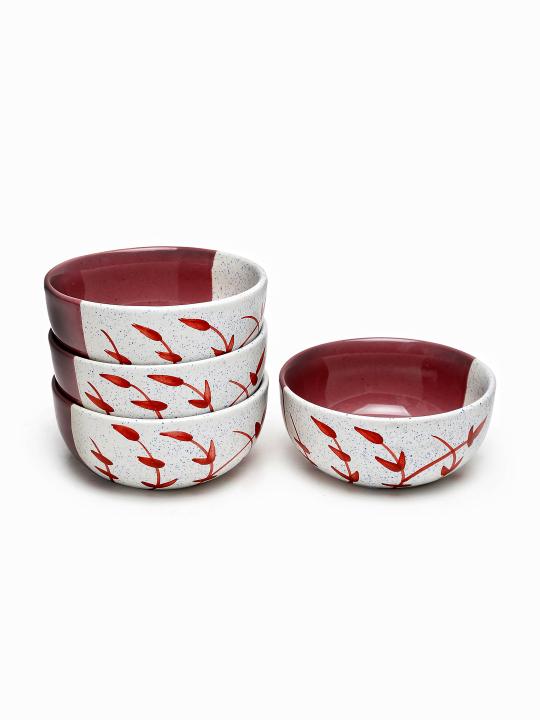 Shilpkara 'Dual Shaded Leaf' Microwave Safe Kitchen Snacks Cereal Ceramic Katori Breakfast Serving Bowls (300 ml, Set of 4)