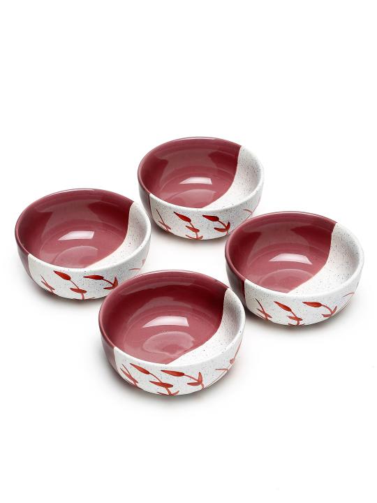 Shilpkara 'Dual Shaded Leaf' Microwave Safe Kitchen Snacks Cereal Ceramic Katori Breakfast Serving Bowls (300 ml, Set of 4)