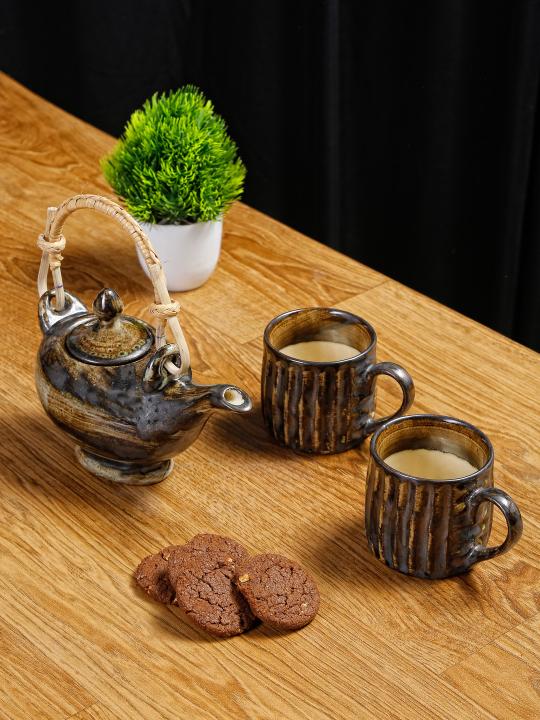 Shilpkara 'Aladin-e-Chirag' Handpainted Ceramic Tea Mug & Kettle Tea Set (Microwave Safe) - Ceramic Cup Kettle Set for Hot Tea Set with Kettle Set Kettle and Cup Single Tea Pot Ceramic Milk Kettle