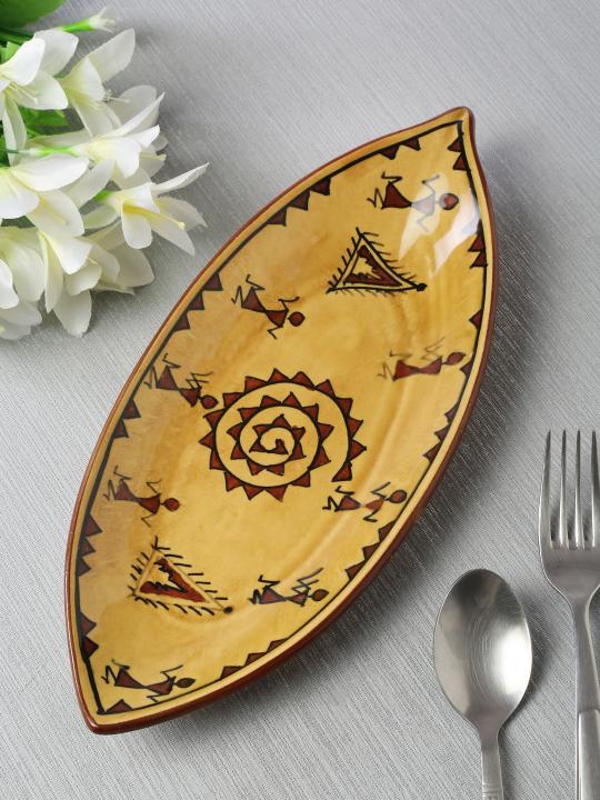 Shilpkara The Madhubani Tales Handpainted Apetizer Chip-N-Dip Snacks Serving Ceramic Platter for Dining Table (Set of 2, Microwave Safe, Dishwasher Safe)