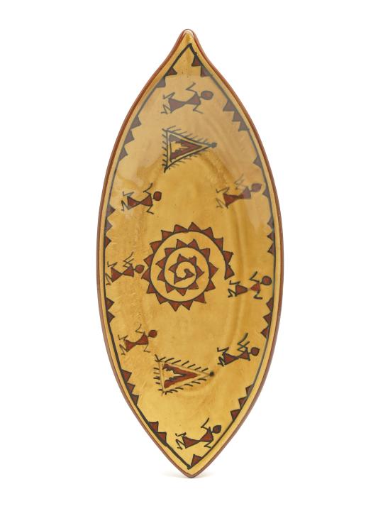 Shilpkara The Madhubani Tales Handpainted Apetizer Chip-N-Dip Snacks Serving Ceramic Platter for Dining Table (Set of 2, Microwave Safe, Dishwasher Safe)