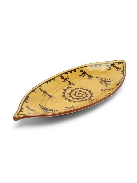 Shilpkara The Madhubani Tales Handpainted Apetizer Chip-N-Dip Snacks Serving Ceramic Platter for Dining Table (Set of 2, Microwave Safe, Dishwasher Safe)