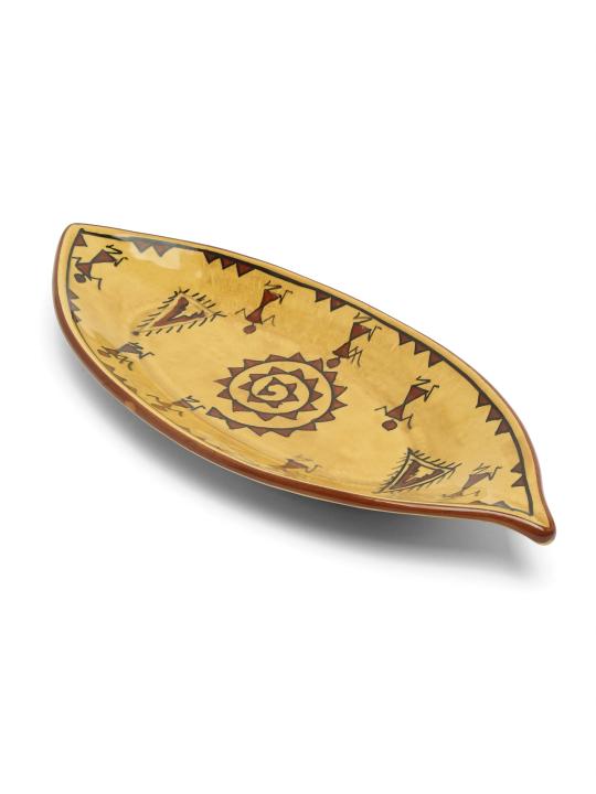 Shilpkara The Madhubani Tales Handpainted Apetizer Chip-N-Dip Snacks Serving Ceramic Platter for Dining Table (Set of 2, Microwave Safe, Dishwasher Safe)
